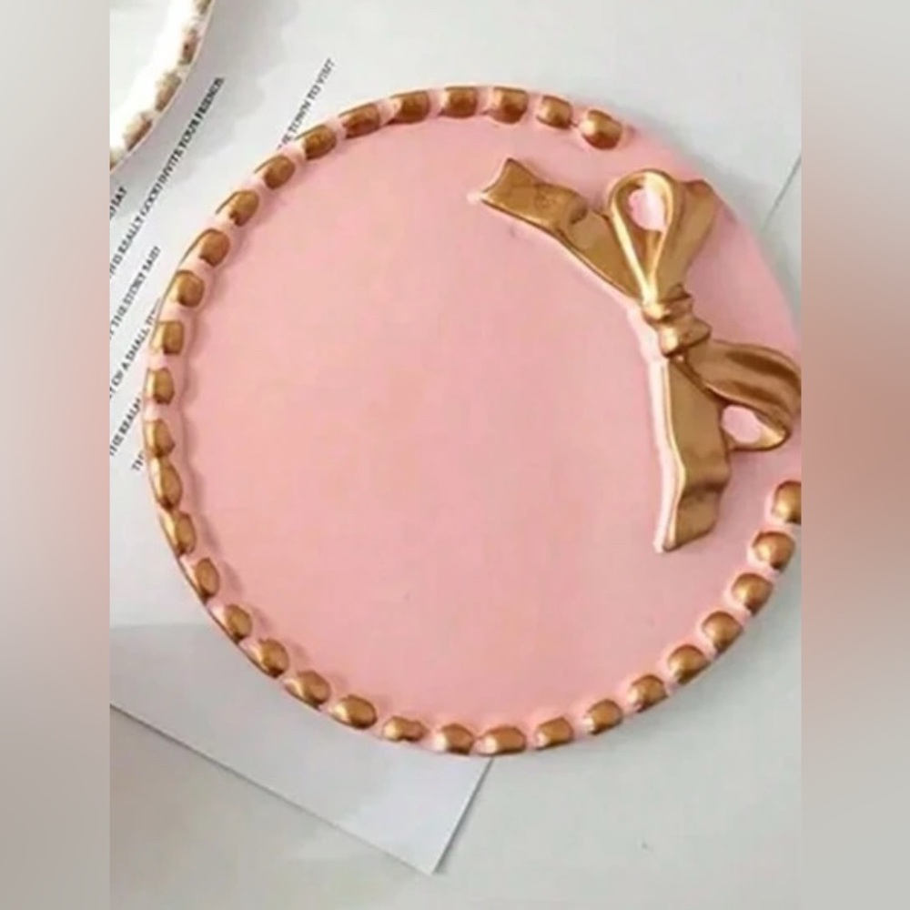 Pink and Gold Bow‎ Ceramic Jewelry Tray or Candle Holder